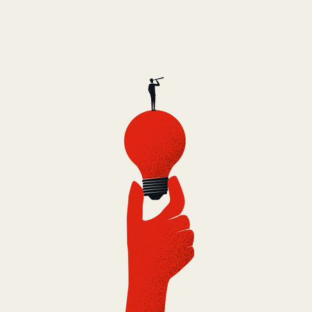 Business vision, creativity and new ideas vector illustration concept. Man standing on lightbulb with telescope.のイラスト素材