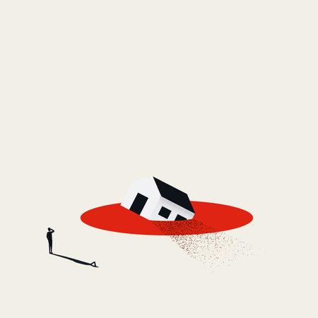 Real estate property market crash or recession vector illustration concept. House prices sinking, loan issues.のイラスト素材