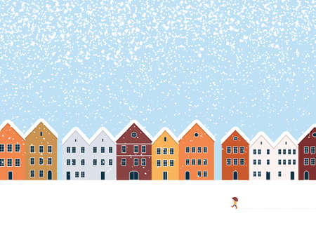 Christmas card vector template with landscape of a small town or village and cute kid with umbrellla.のイラスト素材