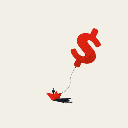 Business investment and floating rate vector concept with businessman on paper boat. Dollar, money symbol.のイラスト素材