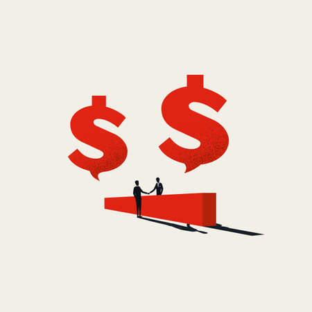 Business negotiation symbol, vector concept. Businessmen hand shake over wall. Symbol of communication, making deal.のイラスト素材
