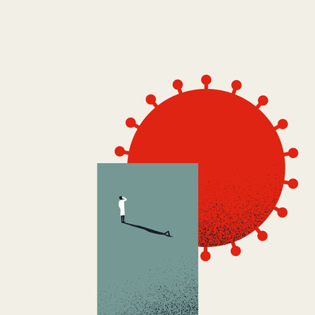 Corona virus or covid-19 research vector concept with scientist looking at virus. Medical, healthcare symbol.のイラスト素材