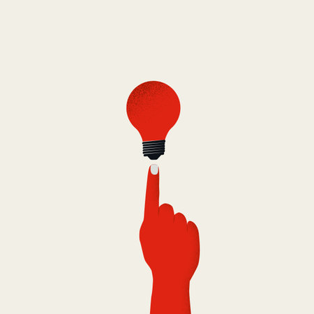 Creative new idea vector concept. Hand points to lightbulb. Breakthrough, heureka moment.の写真素材