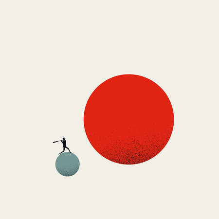 Business challenge and overcome vector concept. Businessman with baseball hitting huge ball.のイラスト素材