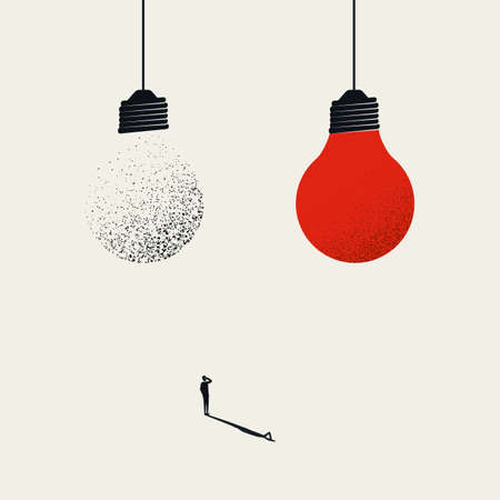 Creativity business vector concept with two lightbulbs and businessman. Symbol of new ideas, innovation.のイラスト素材