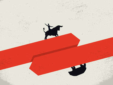 Bull vs bear market trends business vector concept. Businessman riding bull. Symbol of trading.のイラスト素材