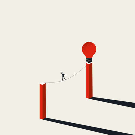 Business challenge and creativity vector concept. Businessman on tightrope to lightbulb. Symbol of courage, innovation.のイラスト素材