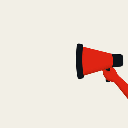Sending message, making speech vector concept with hand holding a megaphone. Symbol of public announcement.の写真素材