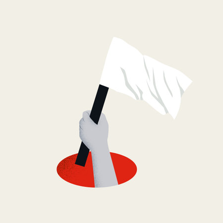White flag as symbol of surrender, vector concept. Hand waving flag from hole. Symbol of giving up.のイラスト素材