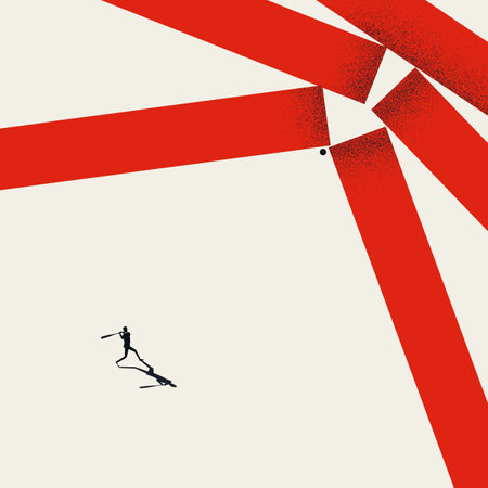 Break barriers, business vector concept. Man hitting walls with baseball. Symbol of strength, success.のイラスト素材