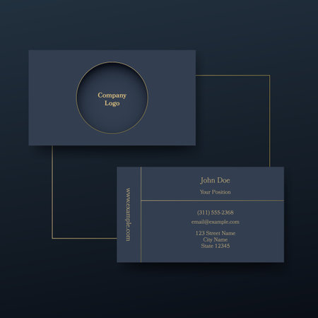 Premium luxury business card in editable vector graphics. Navy gold background with gold accents. Minimal sleek design.のイラスト素材