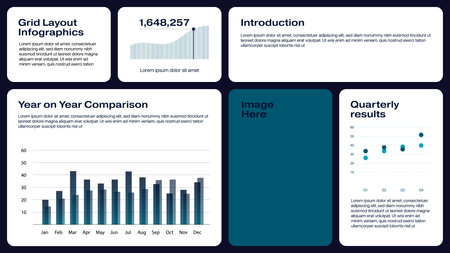 Business grid layout ui infographics template with data charts and graphs.のイラスト素材