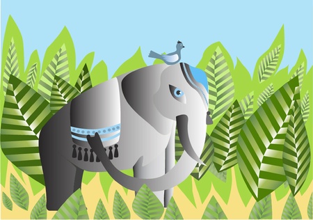 elephant in an outdoor setting with a bird on his headのイラスト素材