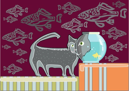 a cat with a fish aquarium in the backgroundのイラスト素材