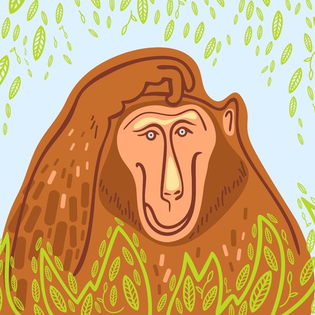 decorative monkey in green leavesのイラスト素材
