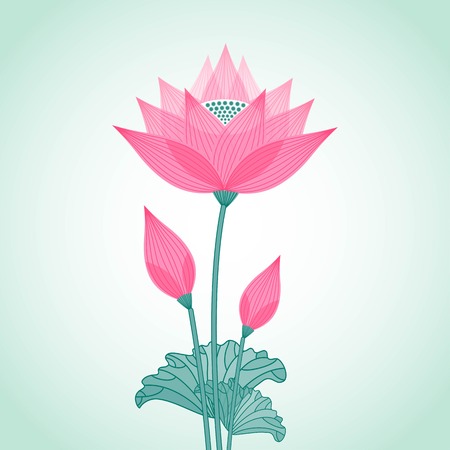 isolated decorative stylized lotus flower with two budsのイラスト素材