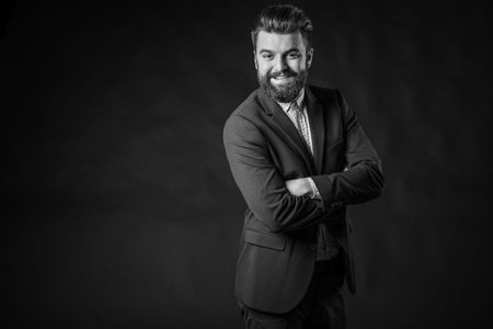 Black and white photos in the studio, bearded manの写真素材