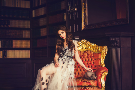 beauty young brunette woman in luxury home interior, little cat near modelの写真素材