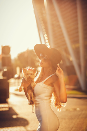 Portrait of a sexy girl in sunglasses at sunset holding hands in the dogの写真素材