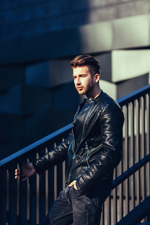 Photo of handsome man in black leather jacketの写真素材