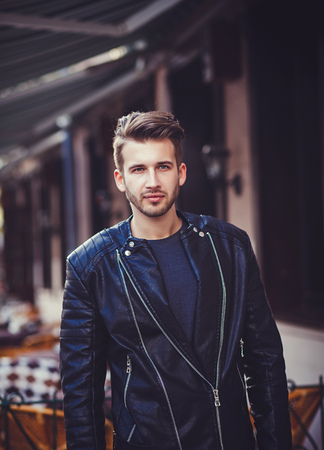 Portrait handsome gentleman in leather jacketの写真素材