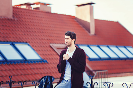 Funny hipster handsome man in stylish summer cloth in the streetの写真素材