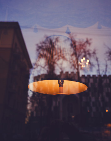 table lamp in a cafe. reflection in the windowの写真素材