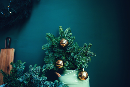 Vintage christmas background with christmas decoration and spruceの写真素材