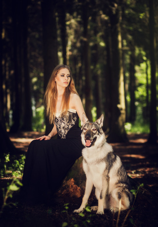 Mysterious young girl sitting with grey dogの写真素材
