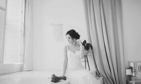 black and white portrait of the bride in a wedding dressの写真素材