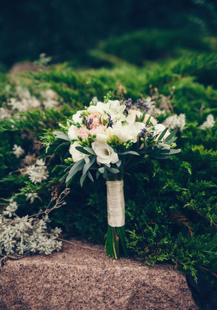 Wedding bouquet in garden. Bride's flowersの写真素材