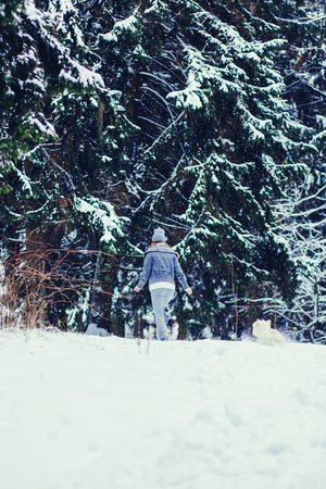 Young woman with her dog walking in the winter forestの写真素材