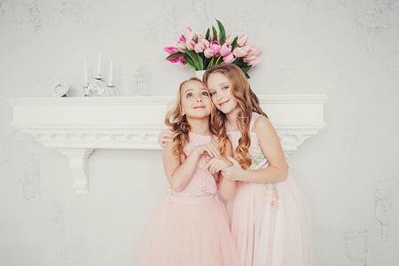 Two fashion sisters in dress posing in studioの写真素材