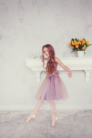 light and graceful little girl ballerina in skirt and Pointe shoes in dance studioの写真素材