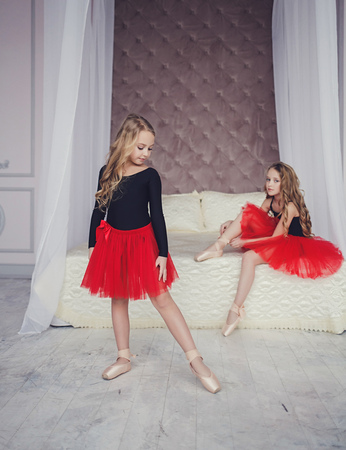 Two little girl in ballet studio. Classical dance schoolの写真素材
