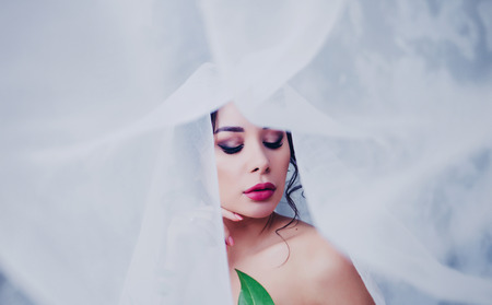 Beauty portrait of bride wearing fashion wedding dress with make-up and hairstyle, studio indoor photo.の写真素材