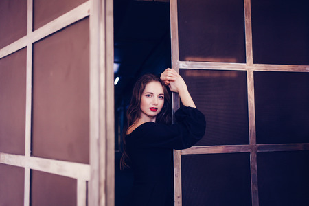 Beautiful young female brunette model with make upの写真素材