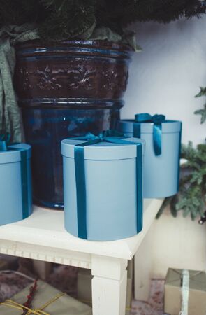 Gift boxes on table for new year. Christmas decorationの写真素材