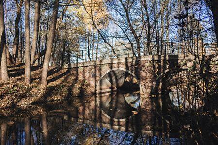 ancient stone bridge in autumn forestの写真素材