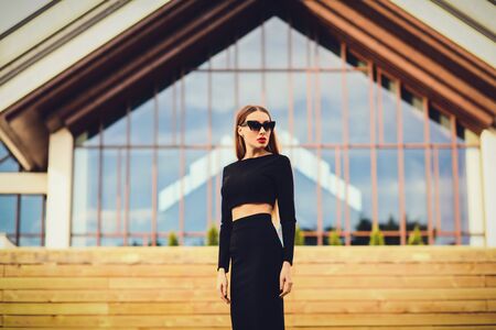 beautiful model standing in the city. Europe. looking awayの写真素材