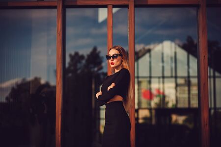 Beautiful young business woman in dress suit top skirt pose. business clothes for meetings walks summer fall collection perfect bodyの写真素材