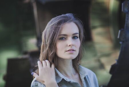 portrait of a beautiful russian woman in military uniformの写真素材