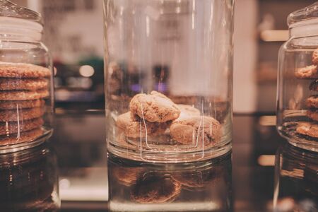 Stacked cookies in cafe. Concept for a tasty snackの写真素材