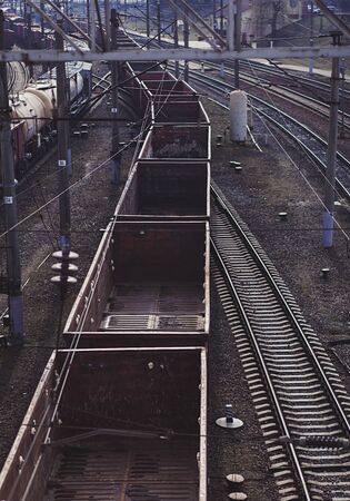 Cargo train platform with container on rail stationの写真素材