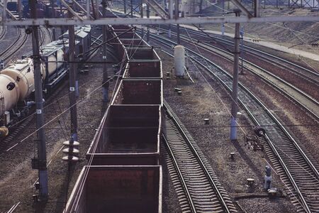 railway tracks with freight trains. the view from the topの写真素材
