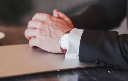 closeup luxury automatic wristwatch for menの写真素材