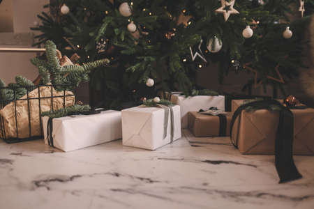 Christmas decorations on the branches of a fir tree in the new yearの写真素材