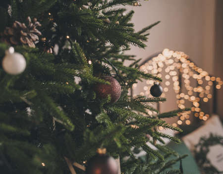 Christmas decorations on the branches of a fir tree in the new yearの写真素材