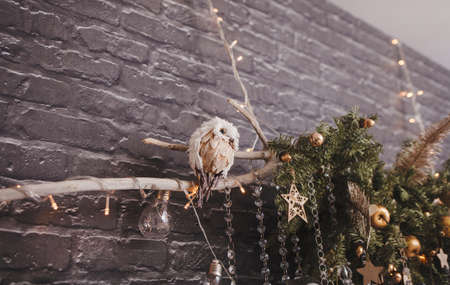 composition of light bulbs and balls on a Christmas decoration hanging on the wallの写真素材