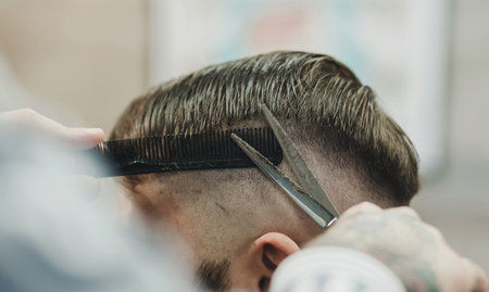 Man visiting barbershop. Brings a beard in order with the help of a hairdresser.の写真素材